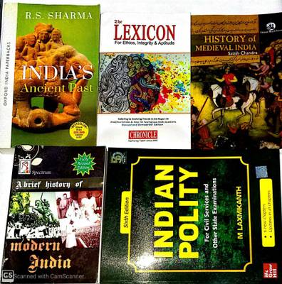 TOP SELLING COMBO BOOKS FOR UPSC And All Competative Exams Set Of 5 (Laxmikant-Ploity,Satish Chandra-Medieval,Rs Sharma-Ancient,Rajiv Ahir-Spectrum History,Lexicon-Ethics)