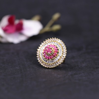 YELLOW CHIMES Elagant Sparkling Pink AD/American Diamond Studded 18K Gold Plated Ethnic Traditional Designer Floral Adjustable Rings for Women and Girls Copper Crystal Gold Plated Ring