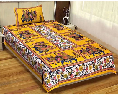 E ELMA 160 TC Cotton Single Jaipuri Prints Flat Bedsheet(Pack of 1, Yellow)