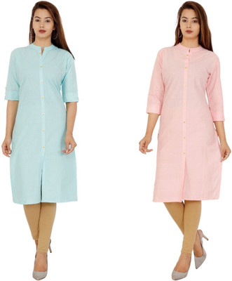 Rimeline Fashion Women Solid Straight Kurta(Light Blue, Pink)