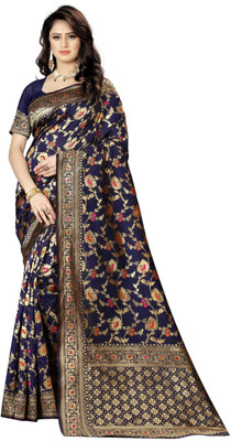 R K INFINITIVE Woven Banarasi Jacquard Saree(Dark Blue)