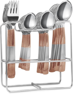 HOMIFY Stainless Steel Spoon stand / rack Steel Cutlery Set Stainless Steel Cutlery Set (PLATINUM ROSE GOLD handle design) | ( 6 pcs of desert spoon 6 pcs of master table spoon 6 pcs of desert table fork & 6 pcs tea spoon) | Stainless Steel Cutlery Set Stainless Steel Cutlery Set(Pack of 25)