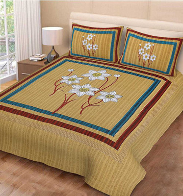 New Era Creation 141 TC Cotton Double Jaipuri Prints Flat Bedsheet(Pack of 1, Yellow)