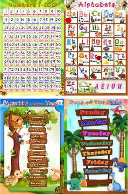 Xpresssion Decor set of 4 ABC alphabet,number 1-100,month of year and days of week Charts Educational poster (muiticolour 12x18 rolled paper) Paper Print(18 inch X 12 inch, rolled)