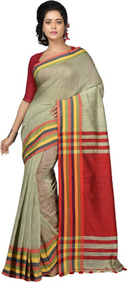 Mystory Woven Handloom Cotton Blend Saree(Red, Beige)