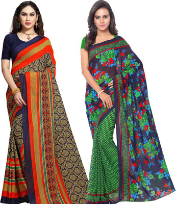 kashvi sarees Floral Print Daily Wear Georgette Saree(Pack of 2, Green, Blue, Orange)