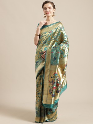 Ratnavati Woven Banarasi Silk Blend Saree(Gold, Light Green)