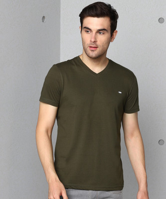 Metronaut Solid Men V Neck Dark Green T-Shirt