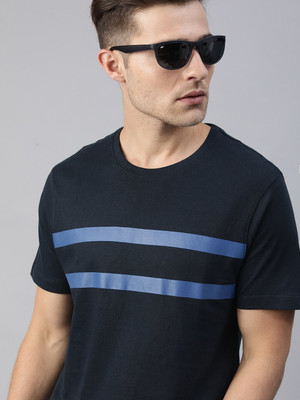 Roadster Striped Men Round Neck Dark Blue T-Shirt