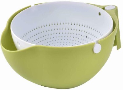 FosCadit Drain Round Basket for Fruits, Vegetables, Noodles, Pasta, Rice, Pulses, Washing Bowl/Rinse Bowl or Strainer to Storing and Straining Collapsible Strainer(White, Green Pack of 1)