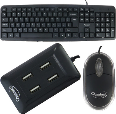 Quantum Hi-Tech QHM 7403 WIRED KEYBOARD, QHM 222 WIRED MOUSE AND QHM 6633 (BLACK) 4 PORT USB HUB (COMBO) Combo Set