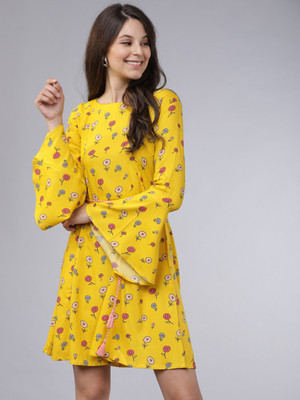 Vishudh Women A-line Yellow Midi/Calf Length Dress