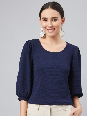 CARLTON LONDON Casual Puff Sleeve Solid Women Dark Blue Top