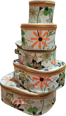 RDP Set of 5 Pieces Cream flower printed Toiletry Shaving Makeup Bindi Bangle Socks Hanky Storage Organizer storage organizer Vanity Box(Cream)