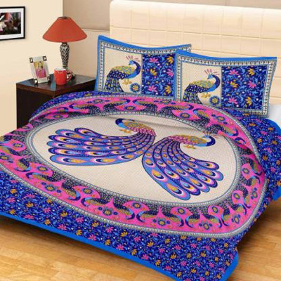 priyankafabrics 141 TC Cotton Double Jaipuri Prints Flat Bedsheet(Pack of 1, Blue)