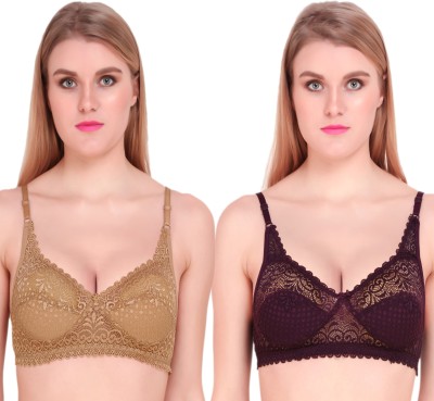 Fashion Frill Women Full Coverage Non Padded Bra(Beige, Purple)