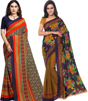 kashvi sarees Floral Print Daily Wear Georgette Saree(Pack of 2, Blue, Orange, Mustard)