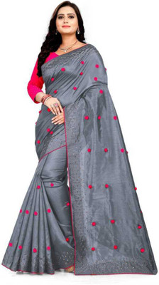 MM BROTHERS Embroidered Bollywood Art Silk Saree(Grey)