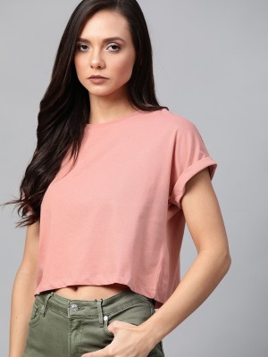 Roadster Solid Women Round Neck Pink T-Shirt