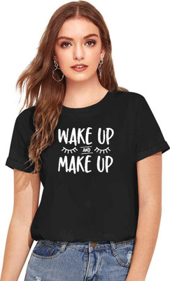 Prime Thread Typography Women Round Neck Black T-Shirt