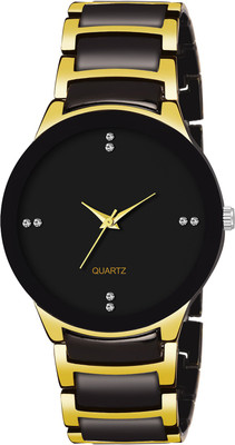 Styledose IIK_ROUND_GOLD Boys Gold and Black Color Metalic Strap with Black Coloured Diamond Studded Round Dial Men's Watch and Boys Watch Men and Children Watch Analog Watch  - For Men