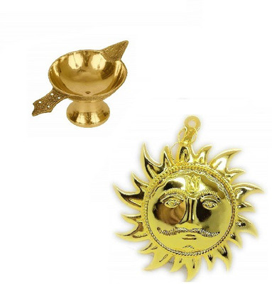 Utkarsh Combo Of 2 Pcs Laxmi Pital ( No 1 Small Size) Diya Oil / Ghee Lamp With 2 Pcs Golden Color Sun Face Wall Hanging Idol For Puja Purpose Brass(4 Pieces, Gold)