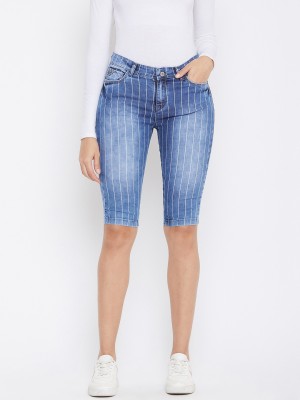 CRIMSOUNE CLUB Striped Women Blue Denim Shorts