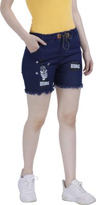 FEEVO Printed Women Denim Dark Blue Denim Shorts