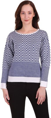 Joe Hazel Chevron/Zig Zag Round Neck Casual Women Blue, White Sweater