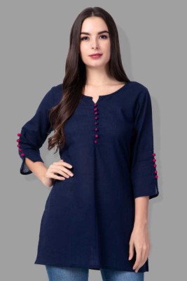 Fab Star Casual 3/4 Sleeve Solid Women Blue Top