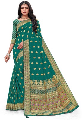 Mehrang Woven Banarasi Silk Blend, Jacquard Saree(Dark Green)