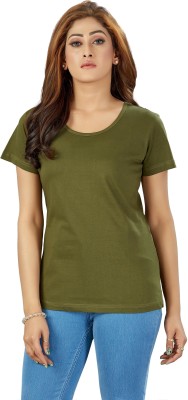 INDIAN RIDER Solid Women Scoop Neck Dark Green T-Shirt