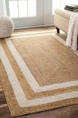 Bhavya International Brown, White Jute, Cotton Carpet(5 ft,  X 7 ft, Rectangle)