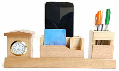 PRAMUKH STORE 4 Compartments Wood Wooden Pen Stand With Clock(Natural)