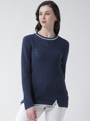 Club York Solid Round Neck Casual Women Blue Sweater