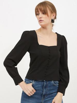 HARPA Casual 3/4 Sleeve Solid Women Black Top