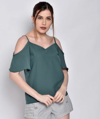 Chimpaaanzee Party Cold Shoulder Solid Women Green Top