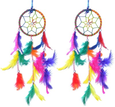 Uniqon (Pack Of 2 Pcs) Muticolor Ring Handmade Beaded (8 Cm X 40 Cm Size) Down & Feather-Fill Dream Catcher Attract Positive Dreams/Thinking For Car, Room Wall Hanging, Home Decor, Balcony Wool Wind-Chime And Gift Purpose Decorative Showpiece Ornament Feather Dream Catcher(15 inch, Multicolor)