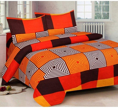 OM GOODS 144 TC Cotton Double Checkered Flat Bedsheet(Pack of 1, Orange)