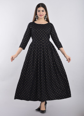 GLAM ROOTS Women Printed Anarkali Kurta(Black)