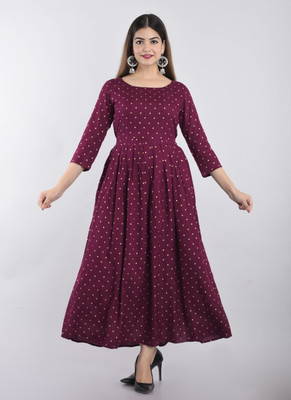 GLAM ROOTS Women Printed Gown Kurta(Maroon)