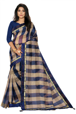 Guru Alankar Striped, Checkered Bollywood Cotton Blend, Cotton Silk Saree(Blue, Beige)
