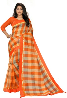BHAKTI BHUSHAN CREATION Self Design, Striped, Checkered Handloom Cotton Blend, Cotton Linen Saree(Beige)