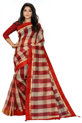 BHAKTI BHUSHAN CREATION Self Design, Striped, Checkered Bollywood Cotton Blend, Cotton Linen Saree(Red)