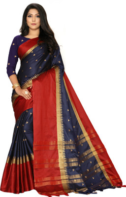 BHAKTI BHUSHAN CREATION Self Design, Striped, Woven Banarasi Silk Blend Saree(Dark Blue)