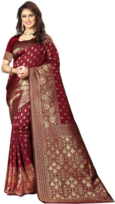 Shoppershopee Woven Kanjivaram Silk Blend Saree(Maroon)