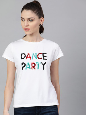 STREET9 Printed Women Polo Neck White T-Shirt