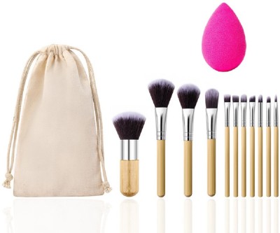 Yoana Professional Series Bamboo Makeup Brush Set With Beauty Blender Makeup Sponge - Fabric Pouch(Pack of 12)