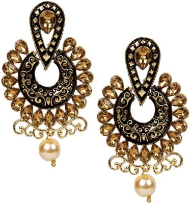 BHANA CREATIONS Traditional Gold Plated Kundan Pearl Classic Enamelled Chandbalis Cubic Zirconia, Beads Alloy Chandbali Earring