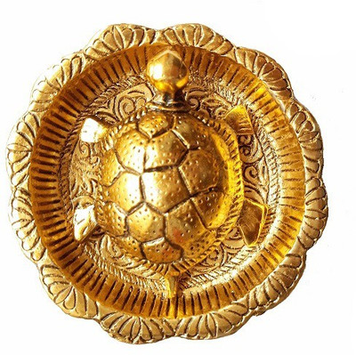 Tuski Fully Metal Feng Shui Tortoise on Plate Showpiece Set of 1 (Golden, Diameter: Hight 10.8 Width 10.8 Depth 0.5) Decorative Showpiece  -  10.8 cm(Metal, Gold)